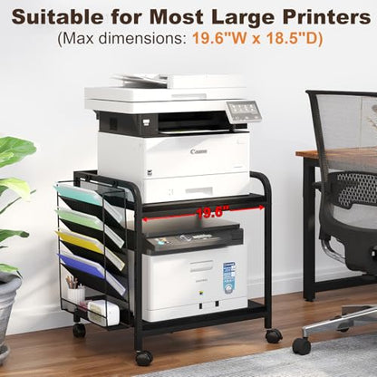 Large Printer Stand with File Holder & Rolling Wheels, Black - color: Black, size: Large