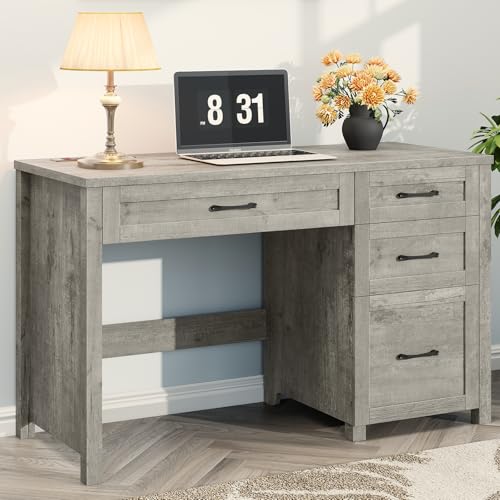 Halitaa Farmhouse 47" Executive Desk, Computer Desk with File Drawer, Grey | Workstation, Charging Station, for Study, Home Office - color: Grey, size: with Charging Station