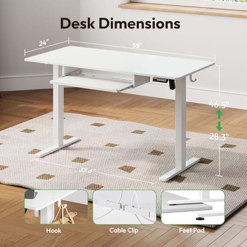 55 x 24 Inch Electric Standing Desk with Keyboard Tray, White | 3-Year Free Motor Replacement, 28.3-46.5 in Height, 3 Presets, 45 dB or Less, 154 lb Capacity, Keyboard Tray - color: White, size: 55X24