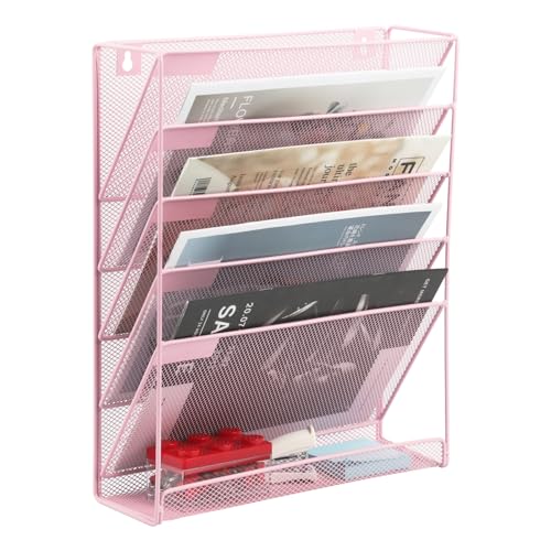 EASEPRES Desk File Organizer Mesh 6-Tier, Hanging Wall Mount Document Organization Stand, Desktop Vertical Mail Paper Folder Holder Rack with Bottom Tray for Office Home Cubicle Countertop, Pink - color: Pink, size: 6 Tier