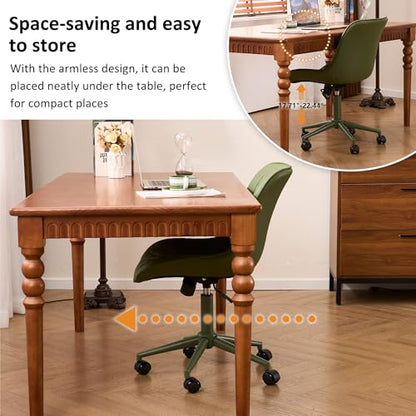 YOUNIKE Faux Leather Office Desk Chair Comfy Vanity Chair Armless Green | Ergonomic Upholstered Rocking Back, Swivel with Wheels, Height Adjustable, Modern Task Chair For Computer Sewing Drafting - color: All Green