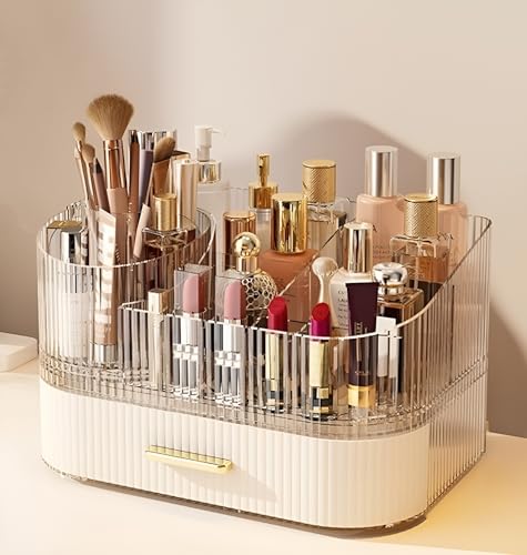 Makeup Organizer with Drawers, 360° Rotating Brush Holder | 2-Tier, Cosmetic storage for vanity, skincare, perfume, hair accessories, lipstick and jewelry, Cream White - color: Cream White, size: 2-layer