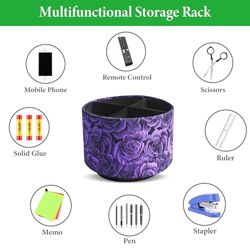 Round Leather Art Supply Organizer,Remote Control Holder,360 Degree Rotating,Multi-Functional Pencil Holder,4 Compartments Desktop Stationary Organizer(1-3D Rose Purple) - color: 1-3D Rose Purple