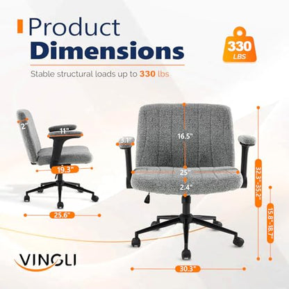 VINGLI Criss Cross Chair with Adjustable Flip-Up Arms,Cross Legged Chair with Wheels, Extra Wide Office Chair,Cozy Desk Chair for Home Office, Vanity, Apartment,Chenille Velvet,Grey - color: Grey