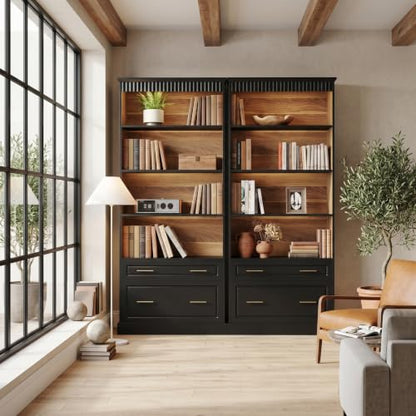 LITTLE TREE 72" Tall Black Bookcase, 5-Tier Office Bookself with File Cabinet Drawers,Modern Floor Standing Storage Filing Cabinet Book Shelf for Living Room,Bedroom(2 Piece,Black) - color: Black