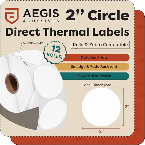 Aegis Adhesives - 2" Circle Direct Thermal Labels (9000 Count, 12 Rolls) - Round Thermal Stickers, 2 Inch Circle Labels for Logos, Packaging, Branding - Compatible with Zebra and Rollo Printers - size: 2" Circle