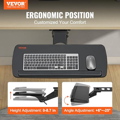 VEVOR Under-Desk Keyboard Tray, Adjustable for Height and Tilt, Slide-Out Design, Spacious 25x9.8 Inch Surface, Ideal for Home and Office Use - style: Adjustable