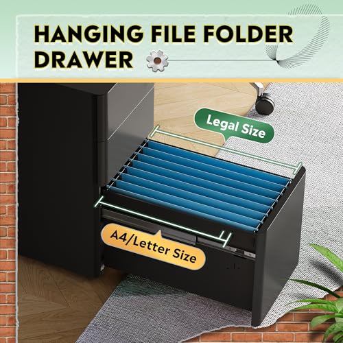 DEVAISE 3 Drawer Mobile File Cabinet, Fully Assembled Except Casters | Metal Filing Cainet with Lock for Home Office, Fits Letter/Legal/A4 Size, 11.8 x 17.7 x 23.2 Inches, Black - color: Black, size: 11.8"W x 17.7"D x 23.2"H