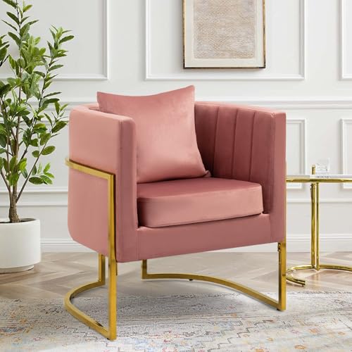Velvet Accent Chair, Modern Barrel Arm Chair for Living Room/Bedroom/Beauty Salon, Upholstered Club Armchair with Pillow & Gold Base, Blush Pink - color: Blush Pink, size: 1 PC
