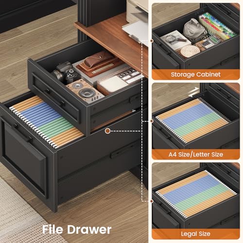 SEDETA Farmhouse Executive Desk, 62'' Home Office Desk with File Drawers, 3Drawer and Storage Cabinet, Computer Desk with Power Outlet for Home Office, Work Study Writing, Black + Walnut - color: Black + Walnut