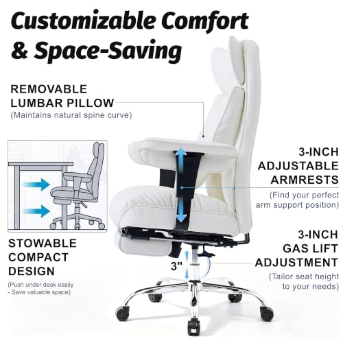 Efomao Executive Office Chair 400lbs,White Big and Tall Desk Chair | Mattress-grade pocket spring cushion, sleek leather, 135° recline & footrest for computer gaming setup. - color: 3084p-white