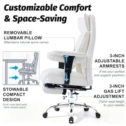 Efomao Executive Office Chair 400lbs,White Big and Tall Desk Chair | Mattress-grade pocket spring cushion, sleek leather, 135° recline & footrest for computer gaming setup. - color: 3084p-white