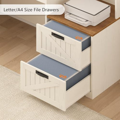 TVU Farmhouse L Shaped Desk with Drawers, 62.2" Home Office Desk with Storage Shelves and Power Outlet, L Shaped Computer Desk with Monitor Stand and Printer Shelf, Brown and White - color: Brown and White