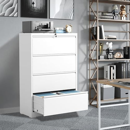4 Drawer File Cabinet with Lock, Metal Lateral Filing Cabinets - color: White, size: 4 Drawer_ 35"W