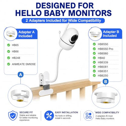 15.7 inches Baby Monitor Mount Compatible with HelloBaby HB6560/HB65/HB6550/ pro/HB66/HB248/HB6240/HB6351/ HB6339/,ANMEATE SM935E Baby Monitor Camera,Flexible Clip Clamp Mount Long Gooseneck Arm