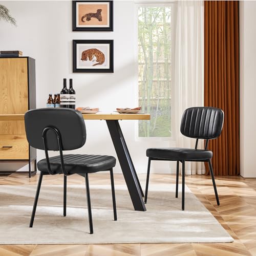 Sweetcrispy Dining Chairs Set of 6, Upholstered Mid Century Modern Kitchen Accent Chairs with Faux Leather Cushion Seat & Metal Legs for Home Office, Living Room - Black - color: Black, size: Set of 6