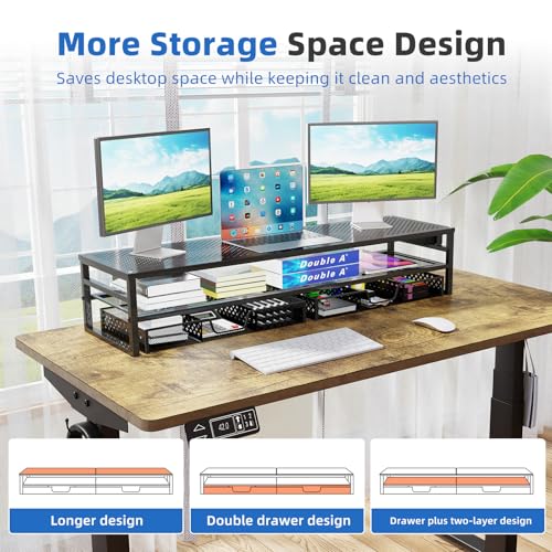 Simple Trending 2-Tier Metal Dual Monitor Stand with USB & 2 Drawers, Black | 32"W x 10"D x 7"H. USB 2.0 + charging port. 2 drawers. Mesh cooling vents. Holds 100 lbs. Non-slip base. Cable ties included.