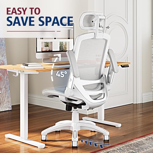 GABRYLLY Ergonomic Office Chair, High Back Home Desk Chair with Headrest, Flip-Up Arms, 90-120° Tilt Lock and Wide Cushion, 300LBS Mesh Chairs for Man Woman, White Task Chair(Grey,GY01WG) - color: White Frame Grey Mesh