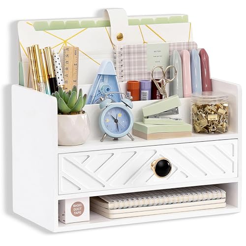 dreampossible white Wood Desk Organizer and Accessories with Drawer, Bill Mail Organizer and File Mail Holder for Office Supplies, Desk Accessories & Workspace Organizers for Desk Organization - color: White