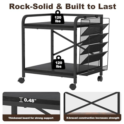 Large Printer Stand with File Holder & Rolling Wheels, Black - color: Black, size: Large