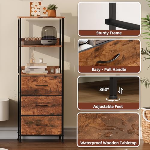 Somdot 5 Tier Bookshelf with 3 Drawers, Narrow Storage Bookcase for Bedroom | Tall Metal Frame Bookcase for Small Spaces, Living Room and Home Office, Brown - color: Brown
