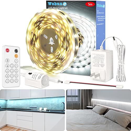 WOBANE 16.4ft Motion Sensor LED Light Strip with Remote,White Tape Lighting | Dimmable, PIR Function, 300 LEDs Rope Light for Closet,Stair,Kitchen Cabinet,Room,Wardrobe,Night Light,Adapter,6000K White - color: White, size: 16.4ft Motion Senosr