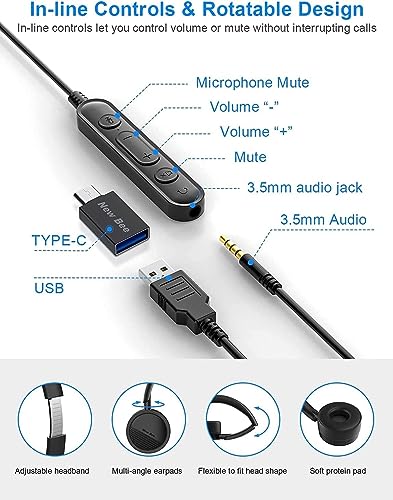 New bee USB Headset with Mic for PC, On-Ear Computer Laptop Headphones with Noise Cancelling Microphone & USB-C Adapter for Home Office Online Class Skype Zoom (Black)