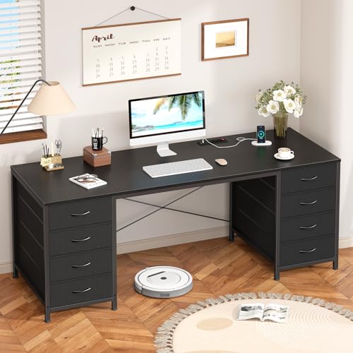 60 Inch Computer Desk with 8 Drawers for Home Office, Bedroom, Living Room | Home Office Desk with Power Outlets, Work Study Gaming Desk with 8 Fabric Drawers, White - color: Black, size: 18.9"D x 59.8"W x 29.3"H