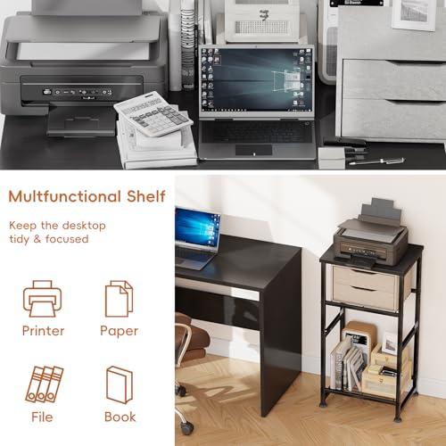 Industrial 3 Tier Printer Stand, Home Printer Wood Table with Wire Storage Shelf for Scanner Fax Machine, Heavy Duty Metal, Black with Burly Wood Board - color: Black