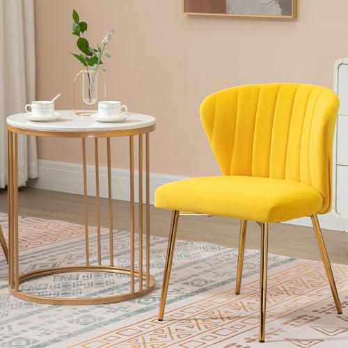 Velvet Dining Chairs Set of 2, Modern Upholstered Vanity Chairs with Golden Metal Legs for Dining Room Kitchen Vanity Patio (Yellow) - color: Yellow