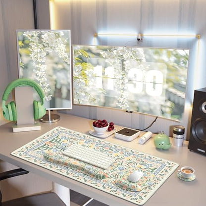iCasso Green Desk Pad Mat, Large Mouse Pad and Keyboard Wrist Rest Set, Desk Protector Mat,4in1 Ergonomic Carpal Tunnel Keyboard Pad with Wrist Support for Desktop Cover Home Office Computer - color: Green Vine Flowers