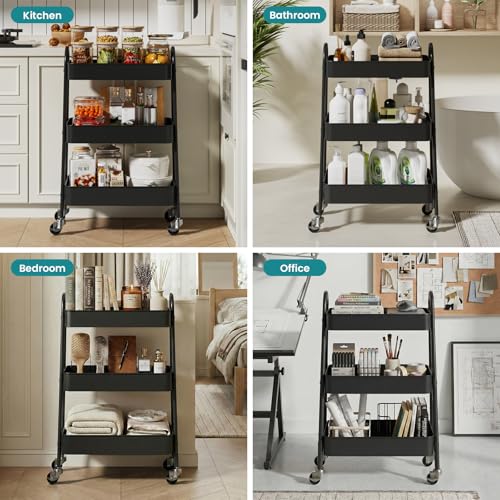 OLIXIS Metal 3 Tiers Rolling Storage Utility Cart with Lockable Wheels - color: Black, size: 3-Tiered 17 inches