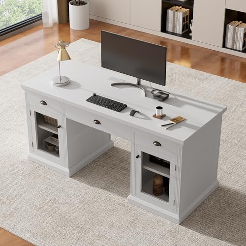 Executive Desk with Power Outlets & USB Charging Station, 67.7" Computer Desk with 3 Drawers & 2 Cabinets Glass Doors, Modern Wood Home Office Desk for Bedroom,Living Room,Study Room, White