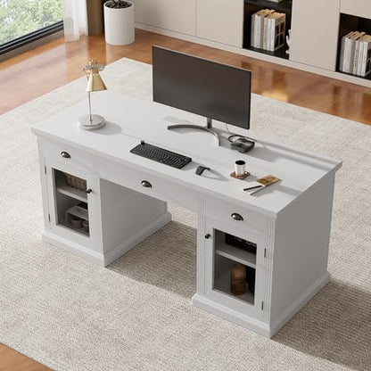 Executive Desk with Power Outlets & USB Charging Station, 67.7" Computer Desk with 3 Drawers & 2 Cabinets Glass Doors, Modern Wood Home Office Desk for Bedroom,Living Room,Study Room, White