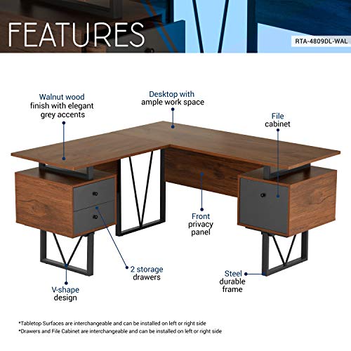 Techni Mobili Reversible L-Shaped Computer Desk with File Cabinet, Brown