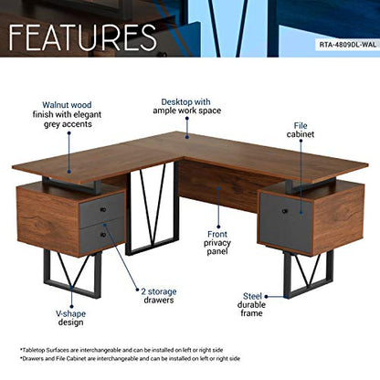 Techni Mobili Reversible L-Shaped Computer Desk with File Cabinet, Brown