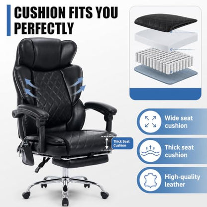 MALOL Executive Office Chair, 22.05" Wide Leather Ergonomic Office Chair with Lumbar Support, Footrest and 6-Point Vibration Massage, Reclines 94°-125° for Home Office Room, Black
