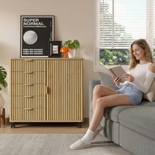 Bestier Office Storage Cabinet with 5 Drawer Adjustable Shelf, Oak - color: Oak