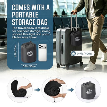 SkytraxComf® Travel Neck Pillow with Hood for Privacy on Long Flights | Memory Foam | Airplane Sleep | Safety-Tested Materials | Extra Large Hood | Chin Support | Earplugs | Washable Cover - color: Black