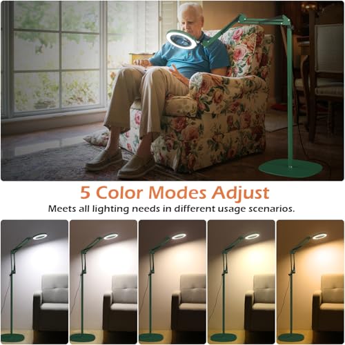 12X Real Glass Magnifying Glass with Light and Stand, LED 5 Color Modes, Stepless Dimmable Magnifying Floor Lamp, 3-in-1 Adjustable Swing Arm Lighted Magnifier Lamp with Clamp for Craft - Green - color: Green