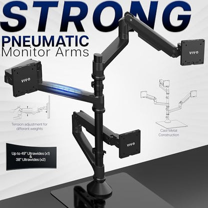VIVO Pneumatic Arm Triple Ultrawide Monitor Desk Stand for Up to 49 inch Screens with Tempered Glass Base, Holds 3 Ultra Wides Up to 33 lbs Each, Black, STAND-V300FG - size: Triple Mount, style: Freestanding