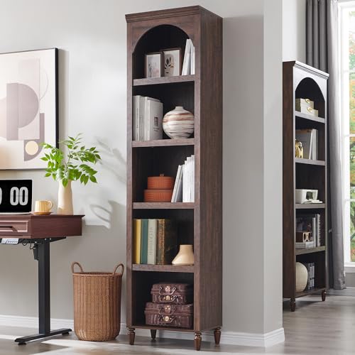 IFGET 76" Tall Arched Bookcase, Farmhouse Narrow Arch Bookshelf, Brown | 5 Tiers Bookcases w/Adjustable Shelves, Modern Wooden Book Shelf w/Storage and Open Display Shelves for Living Room, Office - color: Brown, size: Medium