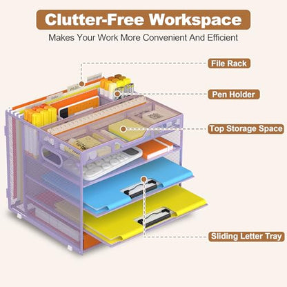 Docnest 5 Tier Desk Organizer with Hanging File Folder Holder&Tray, Purple - color: Purple, size: 12.6" x 11.8" x 10.3"