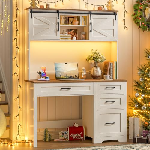 Halitaa Executive Desk with Hutch, Unique White | Farmhouse 67" H Office Table with LED light, 4 Drawers, Charging Station, File Drawers and Storage Cabinet, for Home Office - color: Unique White, size: 4-Drawer with File Drawers & LED Light