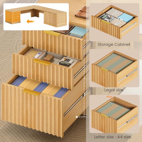 SEDETA Fluted 78.8" L Shaped Desk with 6 Drawers, Fluted Oak - color: Fluted Oak, size: 78.8" L Shaped Desk