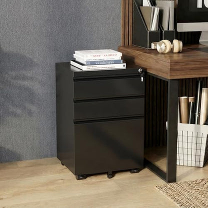 Bonusall 【Fully Assembled 3 Drawer File Cabinet with Lock, Small Under Desk Filing Cabinet for Home Office, Fully Assembled Metal Rolling Storage Fits A4/Letter/Legal, Black