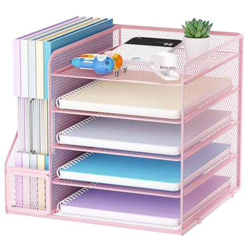 Marbrasse Desk Organizers and Accessories, 5-Tier Paper Letter Tray Organizer with File Holder, Mesh File Organizer, Office Desk Accessories & Organization for Supplies (Pink) - color: Pink
