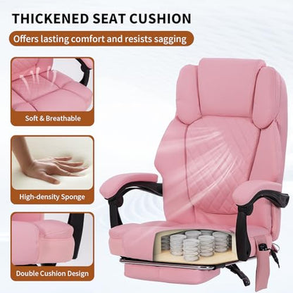 Massage Office Chair with Heat 6 Vibration Points,High Back & Heat, Executive Desk Chair,Big and Tall Office Chair 400lbs, Comfortable Ergonomic Reclining Managerial Chair, PU Leather Pink