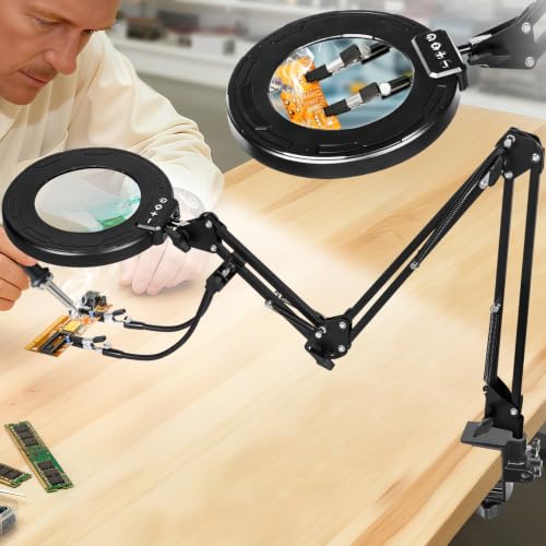 12X Magnifying Glass with Light and Stand, Soldering Helping Hands | 3-Section Swing Arm Workbench Lighted Magnifier, 5 Color Stepless Dimming, LED Desk Lamp with Clamp for Craft Repair Reading - color: Black, size: 12X