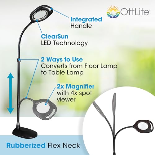 OttLite 2-in-1 ClearSun LED Magnifier Floor and Table Lamp, Black - color: Black - ClearSun
